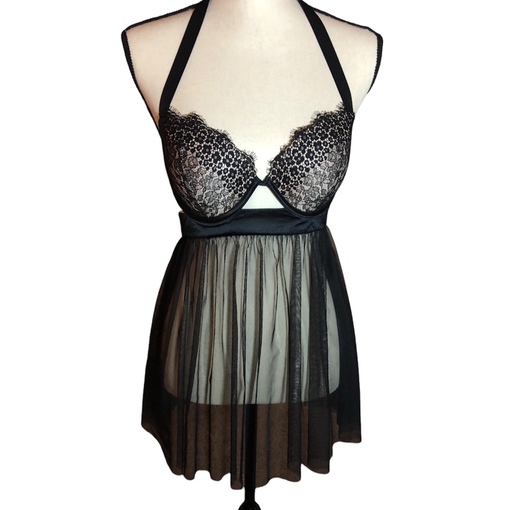 Victoria’s Secret Black Babydroll Lingerie Sexy Top Dress Push-up Bra Sz 34D